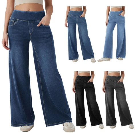 Damen High Waisted Wide Leg Jeans Elastischer Bund Denim Hosen Kontrastnaht Locker Lässig Taschen