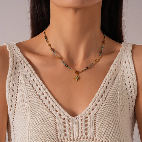 Starburst Pendant Necklace Stainless Steel Tiger Eye Stone Glass Beaded Bohemian Vintage Ethnic Jewelry For Women