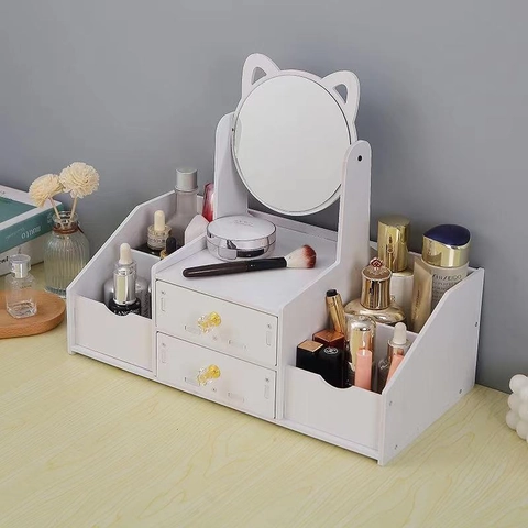 Desktop Make-up Organizer Box Mit Spiegel Aufbewahrungsschubladen Kosmetikkoffer Für Schmuck Hautpflege Weiß Modern WPC