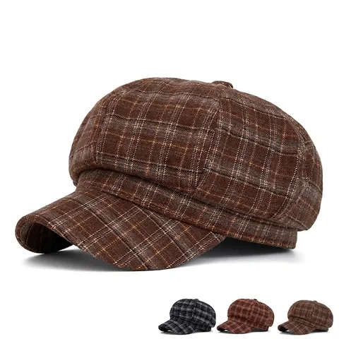 Vintage Plaid Newsboy Cap Cotton Polyester Octagonal Beret Hat For Women Winter Warm Adjustable Retro British Style
