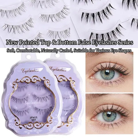 False Eyelashes Synthetic Fiber 3D Tapered Natural Wispy Cross Transparent Band For Daily Makeup Beauty Cosmetics