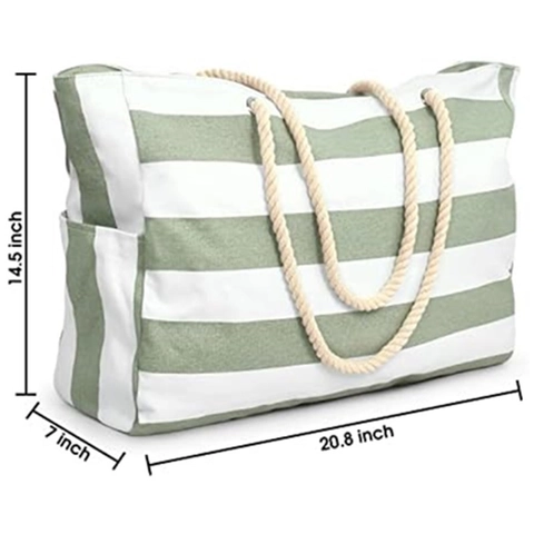 Large Striped Beach Tote Bag Waterproof Polyester With Rope Handle For Women Travel Vacation Pool Shopping Zip Closure