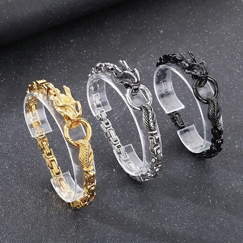 Pulsera De Cabeza De Dragón Para Hombre De Acero Inoxidable Cadena Bizantina Joyería Estilo Punk