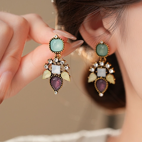 Vintage Bunte Harz Blumen Tropfenohrringe Strass Geometrische Legierung Mit 925 Sterling Silber Ohrring Stecker Damen