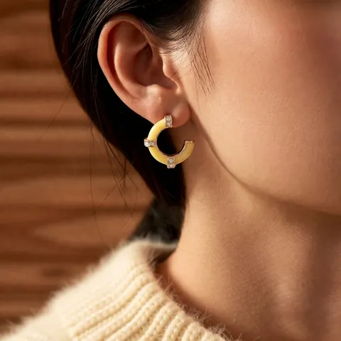 Vintage C-Shaped Hoop Stud Earrings Alloy Enamel Bamboo Design With 925 Sterling Silver Earring Post Rhinestone Inlaid For Women