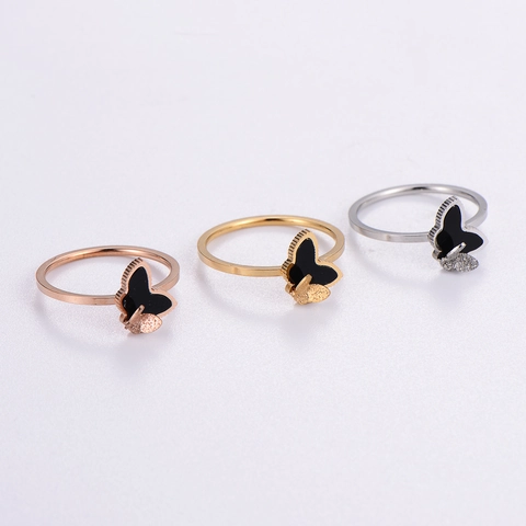 Anillo De Mariposa En Capas Acero Inoxidable 316L Esmalte Negro Esmerilado Joyería De Moda Para Mujeres Regalo Elegante