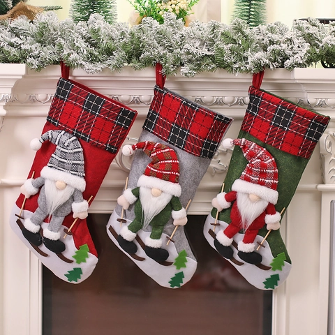 Chaussettes De Noël Avec Décoration Gnome De Ski 3D Tricot Plaid Feutre Tissu Sacs Cadeaux Suspendus Pour Cheminée Fête