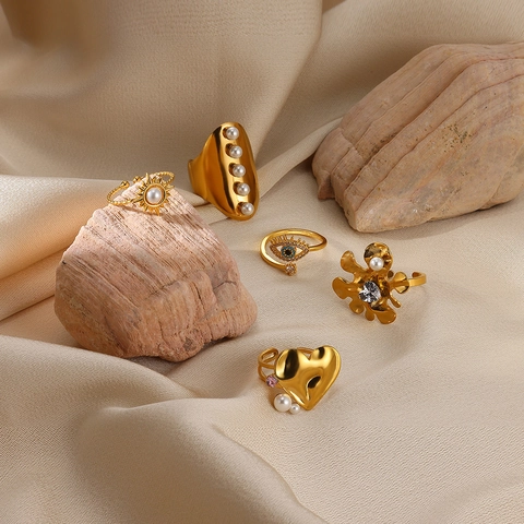 Fashion Stainless Steel Adjustable Rings Flower Heart Sun Eye Rhinestone Artificial Pearl Gold Plated Statement Jewelry