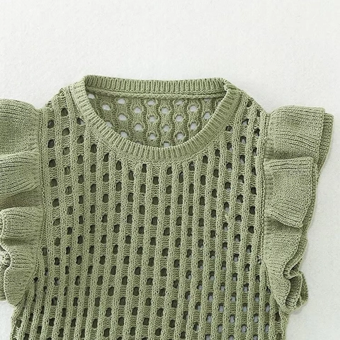Damen Strickweste Ausgehöhlt Häkelmesh Rüschenärmel Rundhals Ärmelloses Top Vintage Ethno Stil