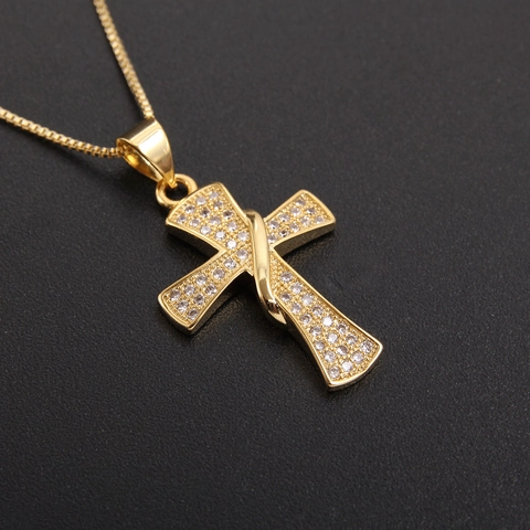 Collana con Pendente a Croce in Rame Placcato Oro Vintage Zirconia AAA Intarsiata Gioielli Hip Hop Religiosi per Regalo Unisex