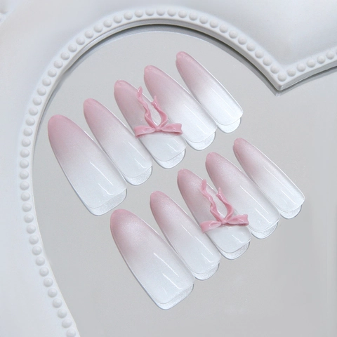 Unghie Finte Artigianali ABS Forma Mandorla Lunga Sfumatura Rosa Bianco Occhio Di Gatto Fiocco 3D Rimovibile Dolce Per Donne