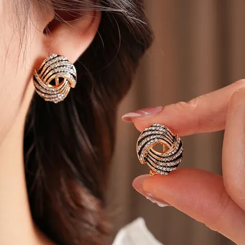 Vintage Spiral Vortex Alloy Stud Earrings With Rhinestone Black Enamel And Silver Earring Post Elegant Luxury For Women