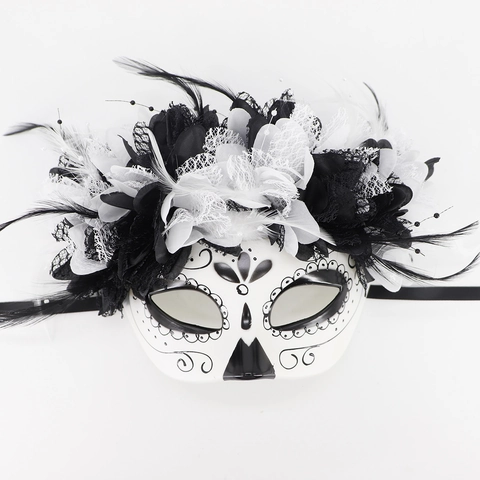 Masque de Bal Masqué Mexicain Jour Des Morts Masque de Fête Halloween Avec Fleurs Dentelle Plumes Masque Fantôme Pour Cosplay