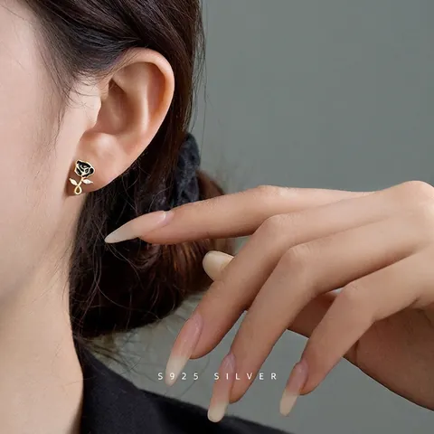 Boucles d'Oreilles Clous Rose en Argent Sterling 925 Vintage Français pour Femmes Émail Floral Incrusté de Strass Bijoux