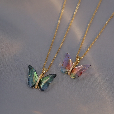 Collar Con Colgante De Mariposa En Degradado De Colores Acero Inoxidable Resina Alas Diamantes De Imitación Joyería De Mujer