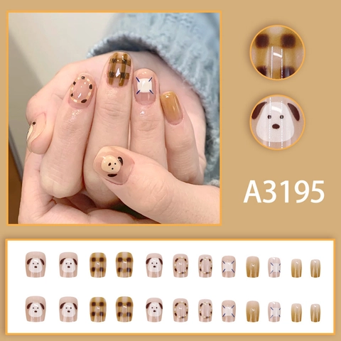 Unghie Finte Press On Corte Quadrate Cane Cartone Animato Quadri Marrone Cappuccino Resina Lucida Manicure Donna