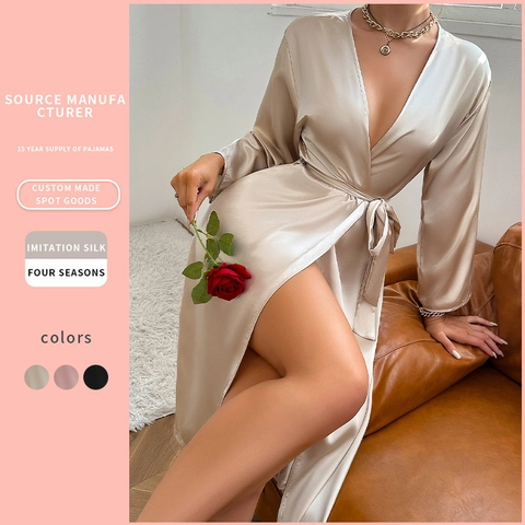 Women Robe Imitation Satin Satin Long Sleeve V-Neck Belted Sleepwear Elegant Nightgown Loungewear