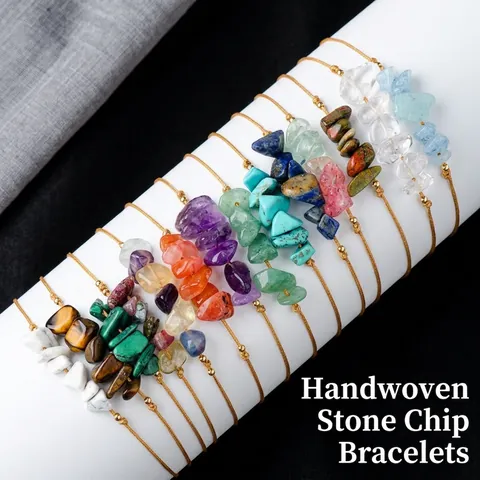 Pulsera De Piedra Natural Gema Bruta Irregular Hecha A Mano Tejida Ajustable Estilo Bohemio Playa