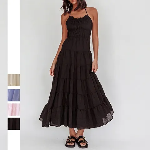 Abito Maxi Halter Da Donna In Misto Modal A Balze Multistrato Arricciato Senza Schienale Vacanze Estive Spiaggia