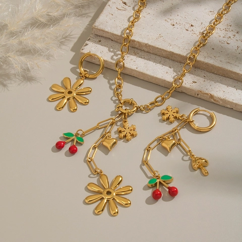 Asymmetrische 304 Roestvrijstalen Sieraden 18K Verguld Bloem Kers Paddestoel Hanger Ketting Oorbellen Hypoallergeen
