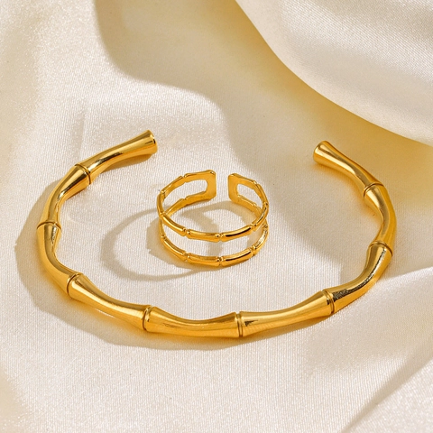 Bambus Gelenk Schmuck 18K Vergoldeter Edelstahl Armreif Und Ring Mode Elegant Trendig Für Frauen