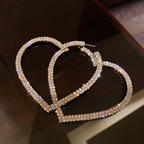 Exaggerated Alloy Rhinestone Heart Hoop Earrings For Women Fashion Jewelry With Silver Earring Post Sparkly Crystal Ear Studs
