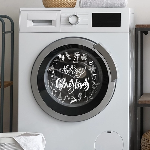 Adesivo da Parete Merry Christmas Renna Fiocco di Neve PVC Impermeabile per Porta Lavatrice Decorazione Casa Bianco