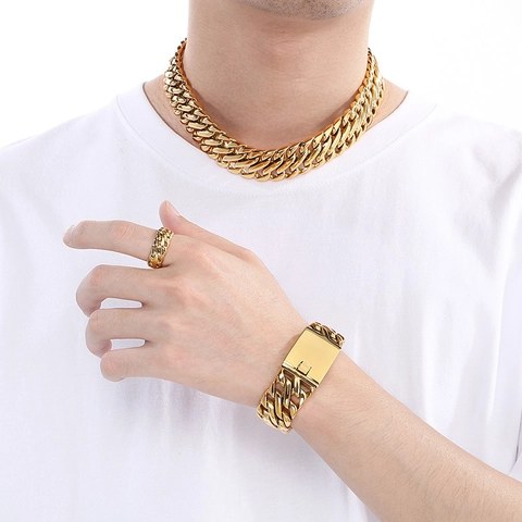 Collar Pulsera Anillo Cadena Cubana Hip Hop Hombre Acero Inoxidable Joyería