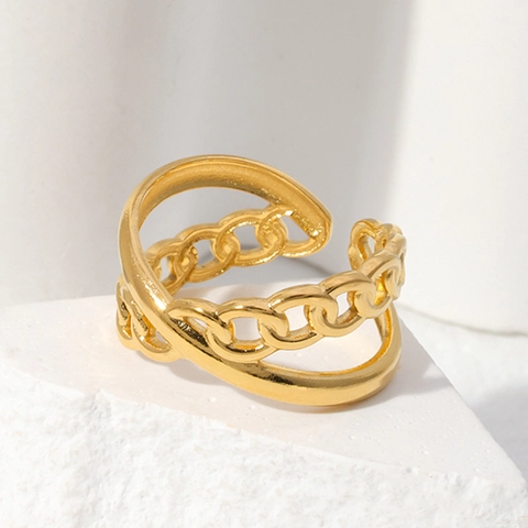Double Layer Chain Link Open Ring Stainless Steel Adjustable Overlapping Smooth Texture Vintage Minimalist Jewelry Women Men