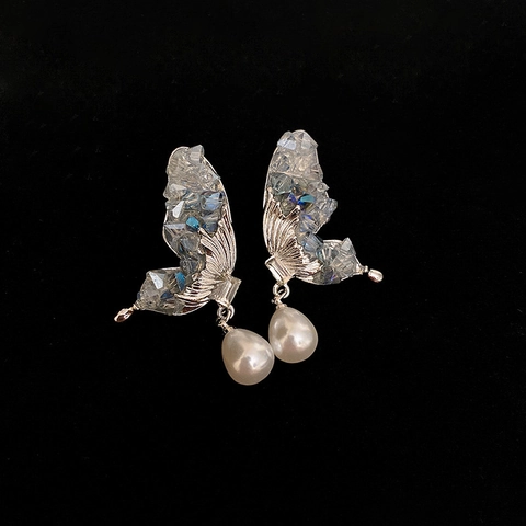 Pendientes De Gota De Mariposa Con Cristal Azul Y Perla Artificial De Imitación Pasador De Plata De Ley 925 Joyería Elegante