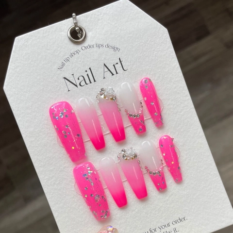Uñas Postizas a Presión Hechas a Mano Extra Largas Rosa Barbie Degradado Con Rosa Blanca 3D Diamantes de Imitación Lazo Estilo Hot Girl