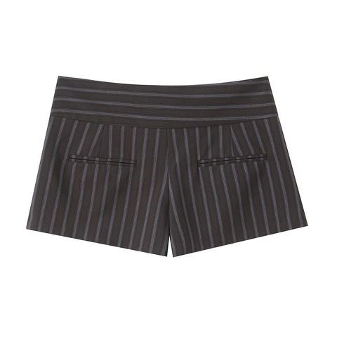 Women Pinstripe Shorts Slim Fit Wide Waistband Decorative Buttons Polyester Spandex Casual Elegant Striped Bottoms Brown