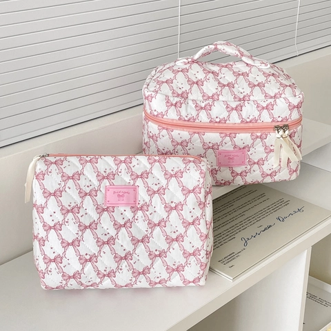 Quilted Makeup Bag Bow Print Polyester Cosmetic Pouch Travel Organizer Sweet Ins Style Zipper Closure For Women