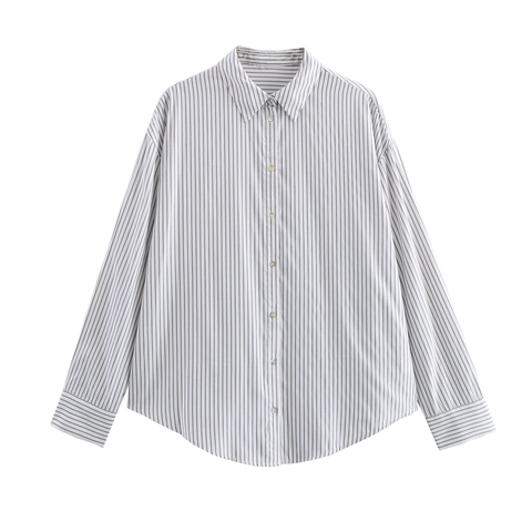 Gestreepte Blouse Met Lange Mouwen Voor Dames Overhemd Met Revers Knoopsluiting Losse Pasvorm Satijn Frisse Stijl Top