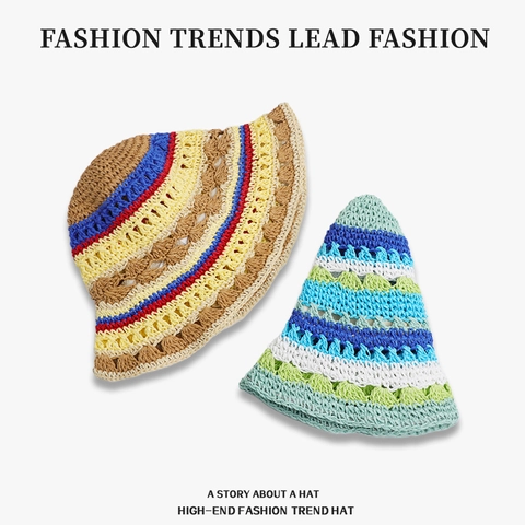 Chapeau de Pêcheur en Paille de Papier Fait Main Crochet pour Femme Motif Fleuri Ajouré Protection Solaire Été