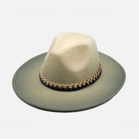 Fedora Jazz Hoed Wollen Vilt Gradiënt Tweekleurig Brede Platte Rand Metalen Ketting Voor Dames Heren Mode Outdoor