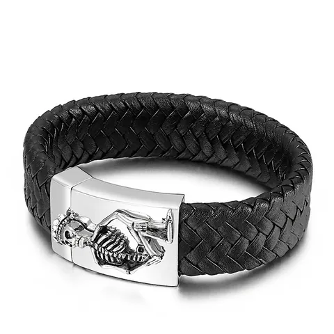 Bracciale Da Uomo In Pelle Intrecciata Con Chiusura In Acciaio Inossidabile 316L Teschio Punk Gothic