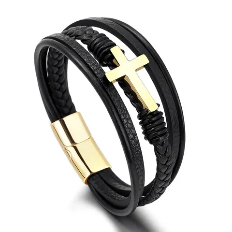 Men Multi-layer Braided Leather Bracelet Stainless Steel Cross Magnetic Clasp Punk Religious Fashion