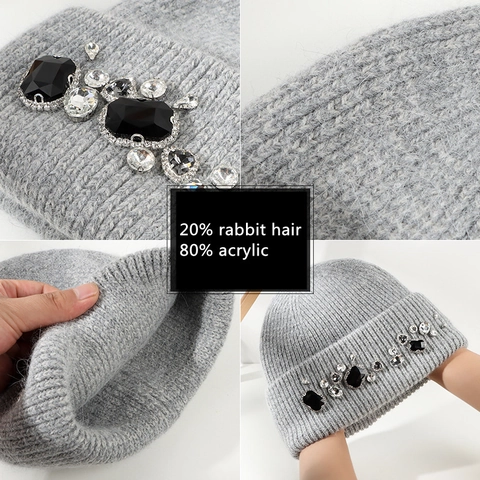Strickmütze Damen Dick Warm Winter Kaninchenhaar Acryl Mischung Mit Funkelnden Strasssteinen Elegant Mode Alltag