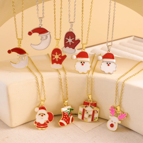 Collana Con Pendente Di Natale Acciaio Inossidabile Rame Smalto Zircone Perla Artificial Gioielli Da Festa Per Donne