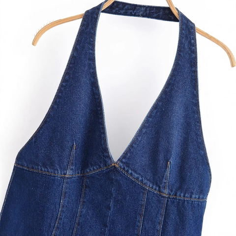 Vestido Mini de Mezclilla con Cuello Halter Sexy para Mujer Espalda al Aire Escote en V Profundo Sin Mangas Línea A para Fiesta