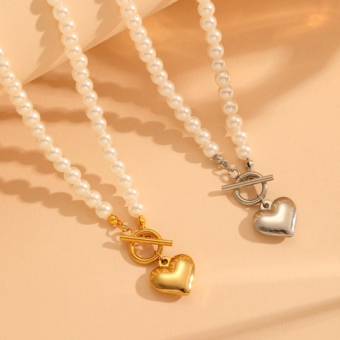 Collana Con Chiusura Toggle Pendente Cuore Acciaio Inossidabile Imitazione Perla Artificial Gioielli Eleganti Donna