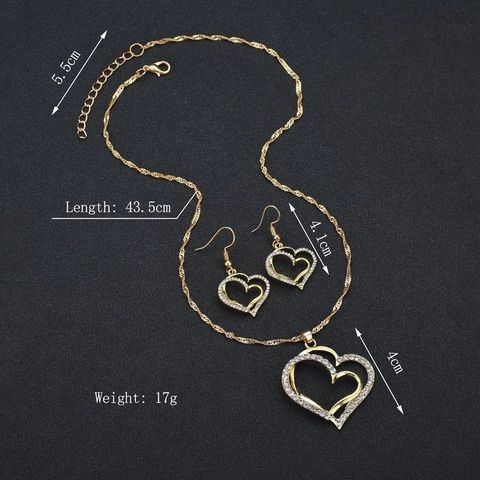Herz Halskette Ohrringe Schmuckset Legierung Strass Doppeltes Hohles Herz Design Für Frauen Elegant Funkelnd