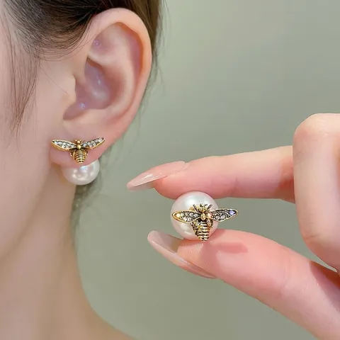 Orecchini Ape Perla Artificial Lega Strass Gioielli Moda Per Donna Con Perno In Argento Doppia Faccia