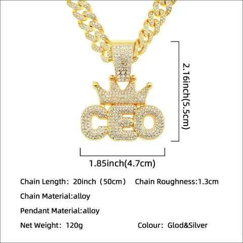 Hip Hop CEO Letter Pendant Necklace With Crown Alloy Rhinestone Iced Out Cuban Chain Fashion Jewelry For Men