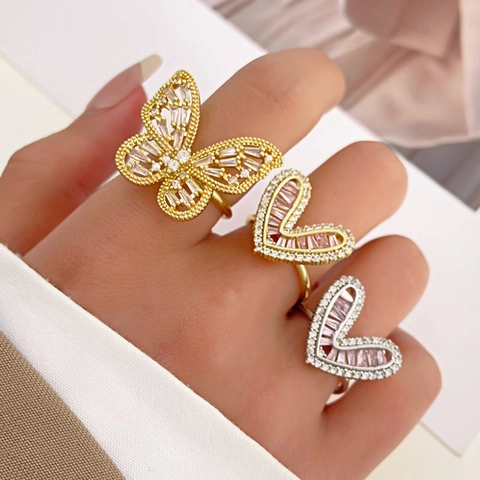 Butterfly Heart Flower Adjustable Open Rings For Women Cubic Zirconia Inlaid Alloy Luxury Fashion Jewelry Accessory