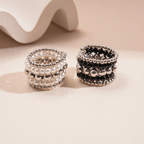 Multi-layer Beaded Ring Imitation Artificial Pearl Iron Metal Beads Elastic Geometric Stackable Unique Jewelry For Women