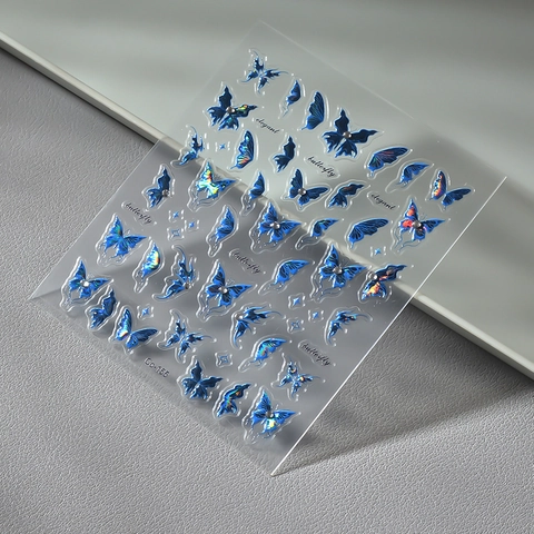 Autocollants Ongles Relief 5D Papillon Bleu Holographique Auto-Adhésif Décoration Strass Imperméable Élégant