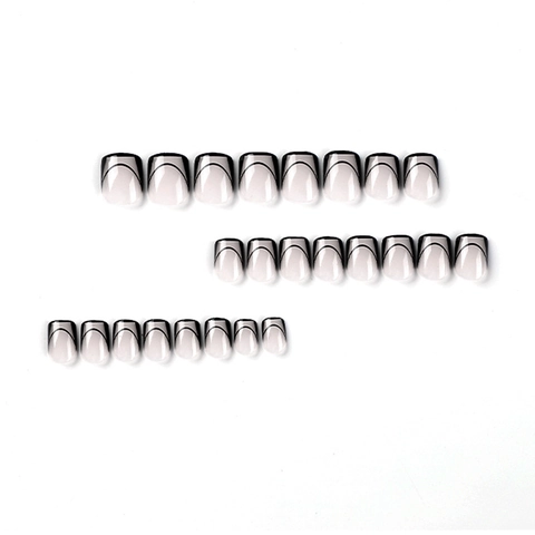 Künstliche Fingernägel Französischer Stil Schwarze Linien Kurze Quadratische Form Minimalistisch Glänzend Falsche Nägel Damen