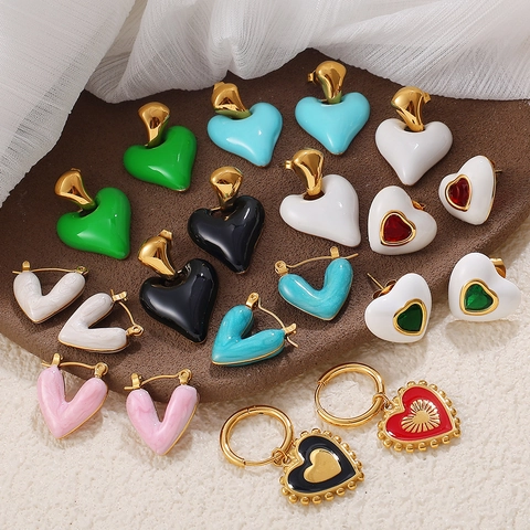 Orecchini A Cuore Acciaio Inossidabile Colorato Smalto Olio Stile Dolce Fantastico Pendenti Cerchi Gioielli Per Donne